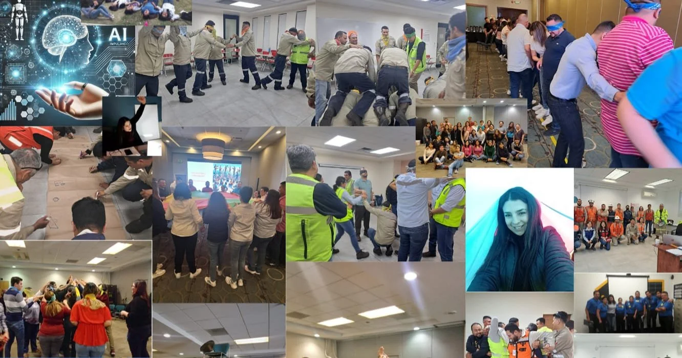 Colaje de varias fotos de personas participando en actividades de trabajo en equipo, entrenamiento y eventos sociales en interiores y exteriores.